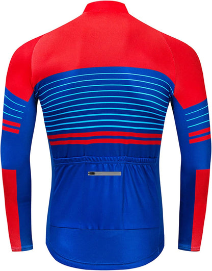 CR Long Sleeve Cycling Jersey Mens, 3+1 Zipper Pockets Bicycle Tops Quick Dry Breathable Biking Shirt