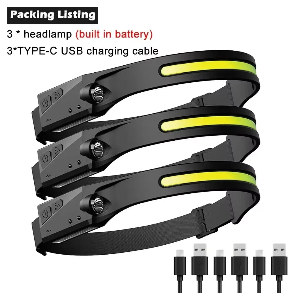 COB LED Headlamp Sensor Headlight with Built-In Battery Flashlight USB Rechargeable Head Lamp Torch 5 Lighting Modes Work Light