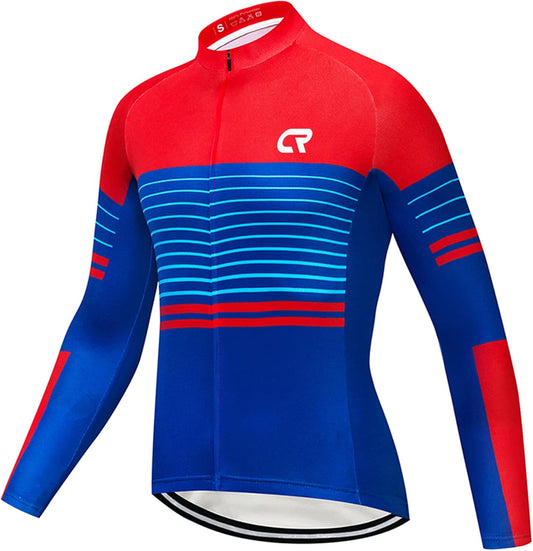 CR Long Sleeve Cycling Jersey Mens, 3+1 Zipper Pockets Bicycle Tops Quick Dry Breathable Biking Shirt