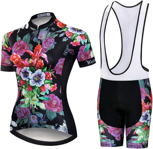 Womens Cycling Jersey Bib Sets Sports Breathable Padded Cycling Clothing Cycling Wear Summer Bib Purple Flower M
