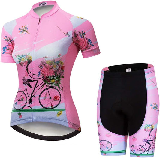 Womens Cycling Jersey Sets Sports Breathable Padded Cycling Clothing Cycling Wear Summer Girl Pink M