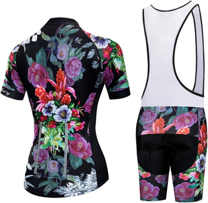 Womens Cycling Jersey Bib Sets Sports Breathable Padded Cycling Clothing Cycling Wear Summer Bib Purple Flower M