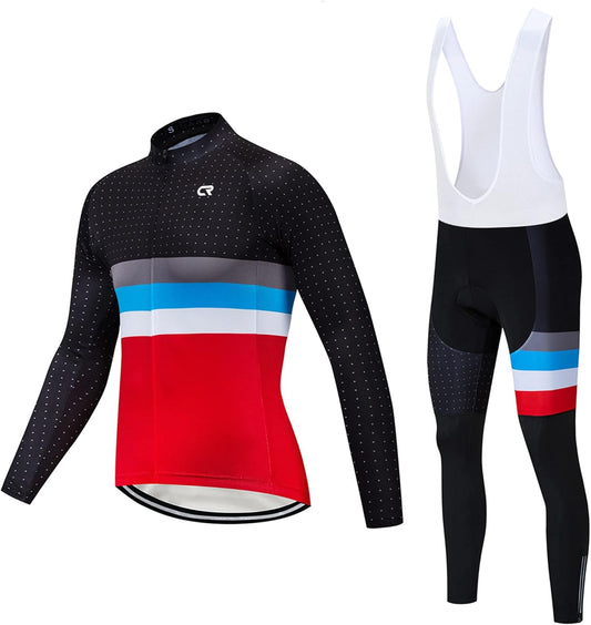 CR Men'S Cycling Clothing Set Long Sleeve Cycling Jersey Zipper Pocket Bike Outfit Cycling Bib Pants 3D Padded