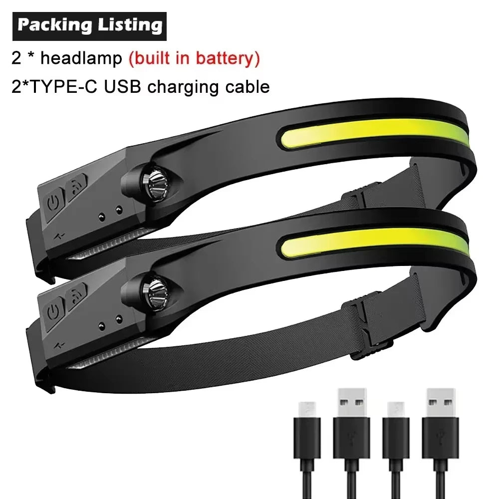 COB LED Headlamp Sensor Headlight with Built-In Battery Flashlight USB Rechargeable Head Lamp Torch 5 Lighting Modes Work Light