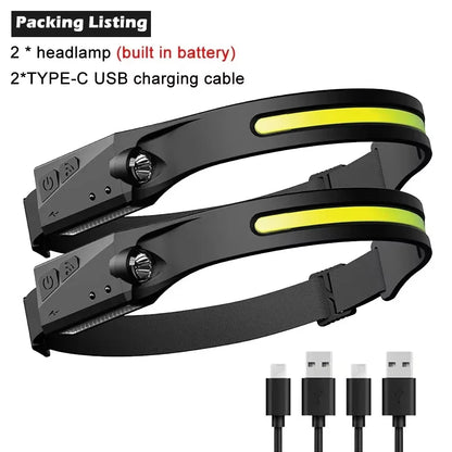 COB LED Headlamp Sensor Headlight with Built-In Battery Flashlight USB Rechargeable Head Lamp Torch 5 Lighting Modes Work Light
