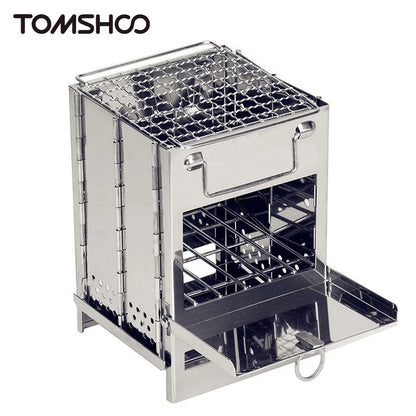 Wood Stove Portable Foldable Stainless Steel Camping Stove with Mini Charcoal Grill Lightweight Barbecue Grill