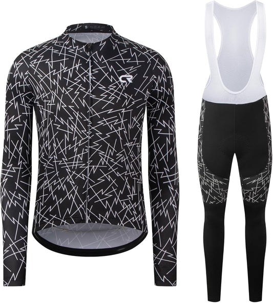 CR Men'S Cycling Clothing Set Long Sleeve Cycling Jersey Zipper Pocket Bike Outfit Cycling Bib Pants 3D Padded